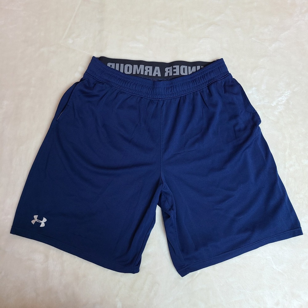 UA Under Armour Loose Shorts Mens XL Blue Spell Out Waist Band Gym Baggy Pockets